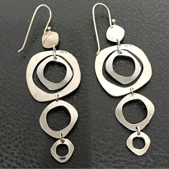 Signed M Sterling Silver 3in Long Dangle Drop Hammered Abstract Circle Earrings - Picture 14 of 14